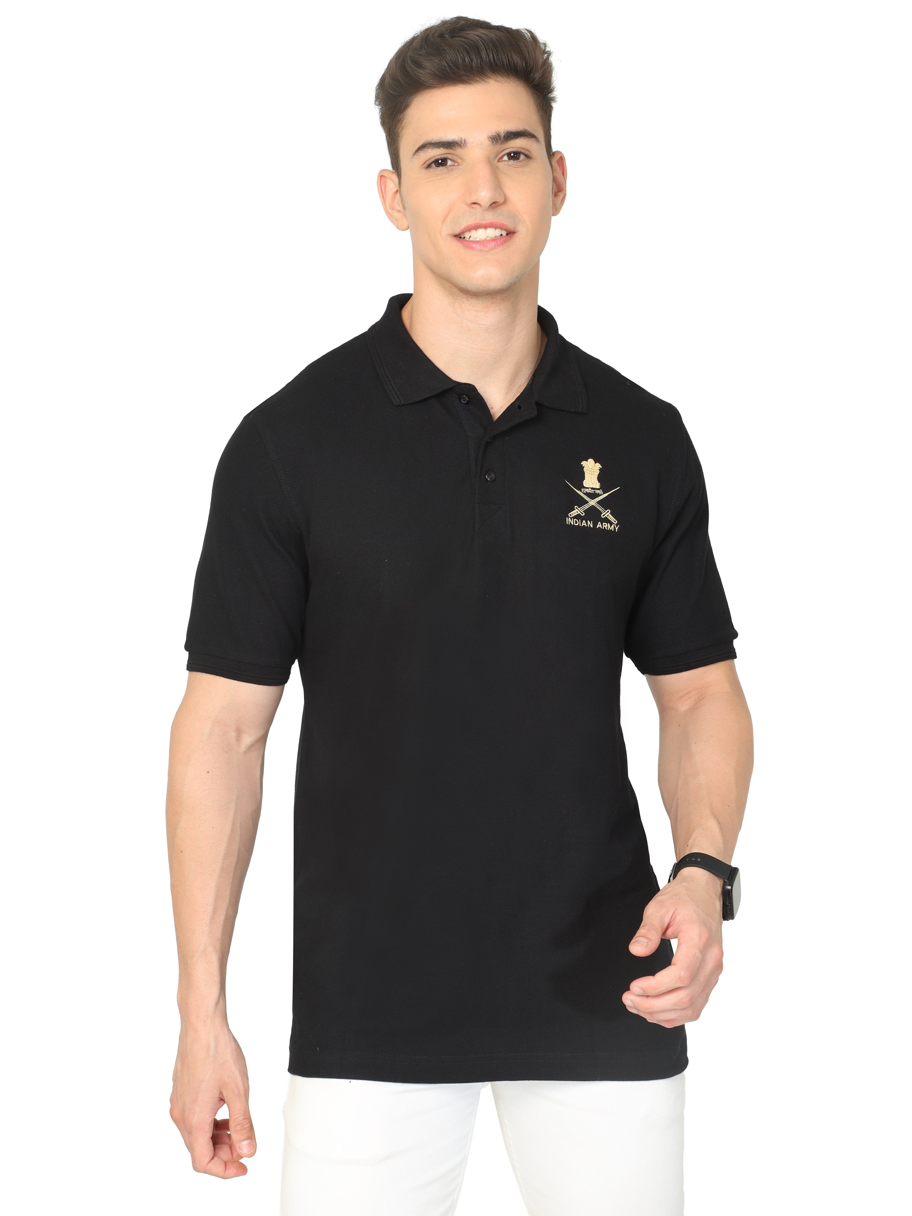 Shop Black Collared Indian Army Tshirt Online At Great Deal