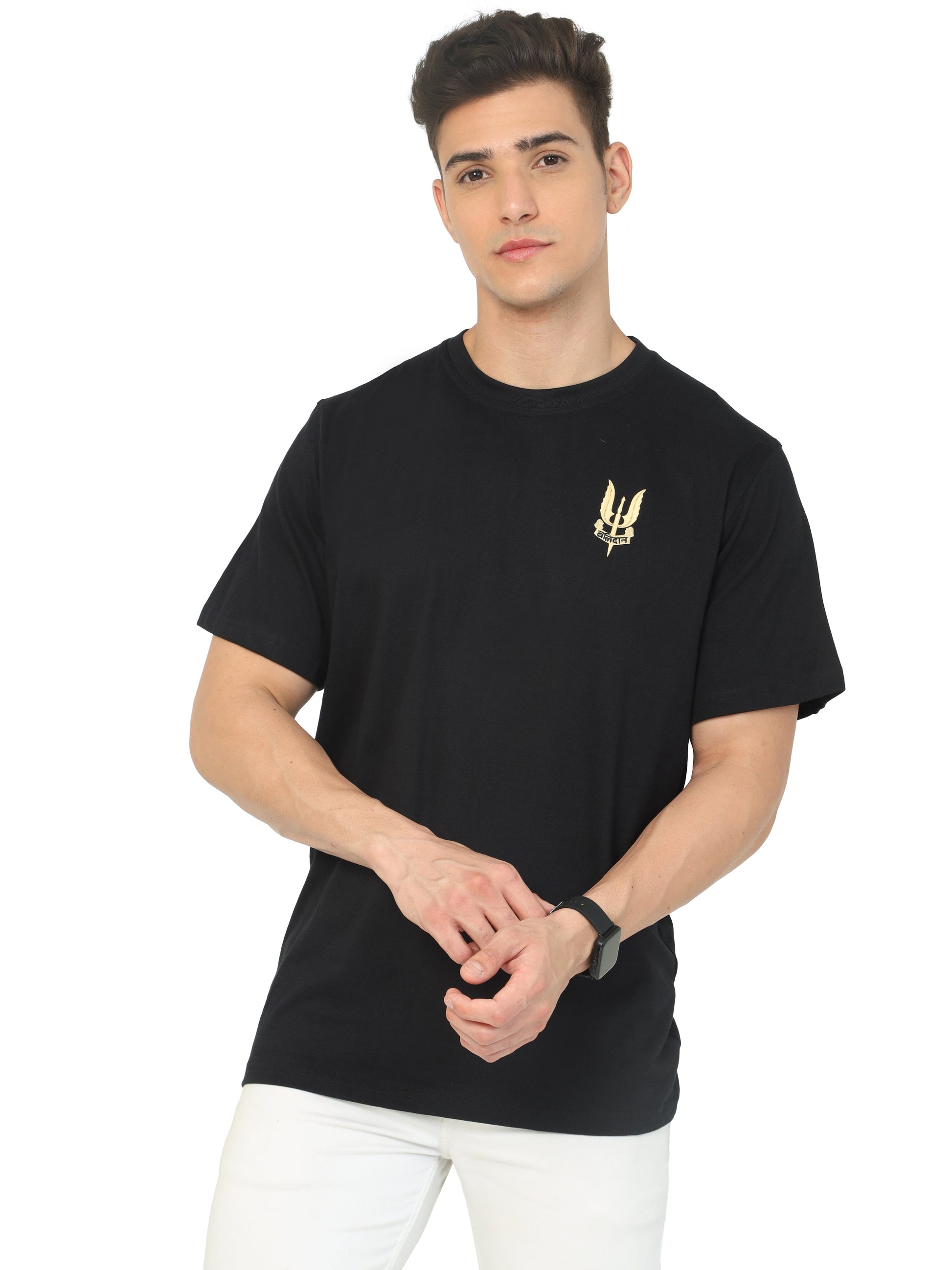 Black Round Neck Balidan Badge T Shirt for men