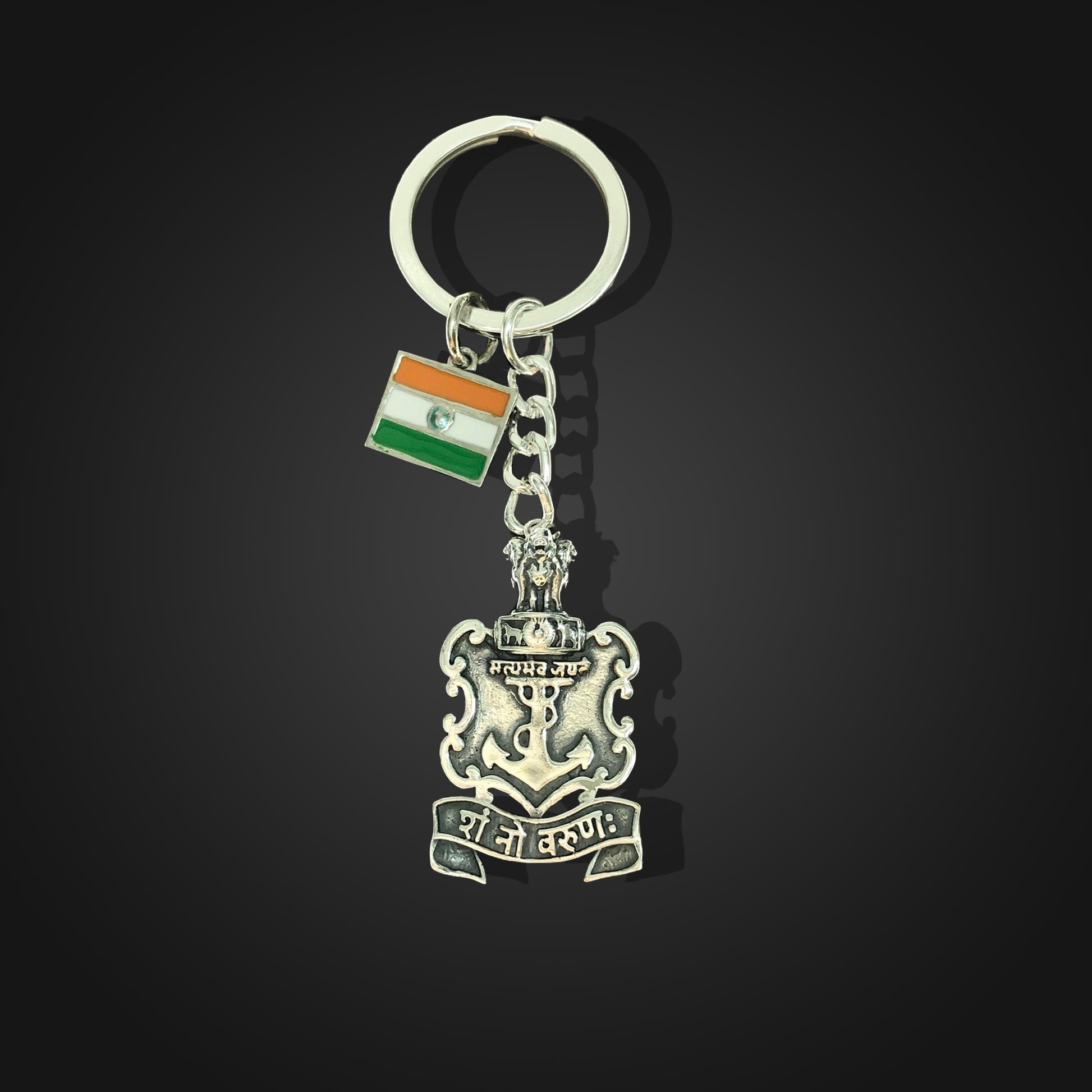  Indian Navy Logo Silver Flag Keychain For Men