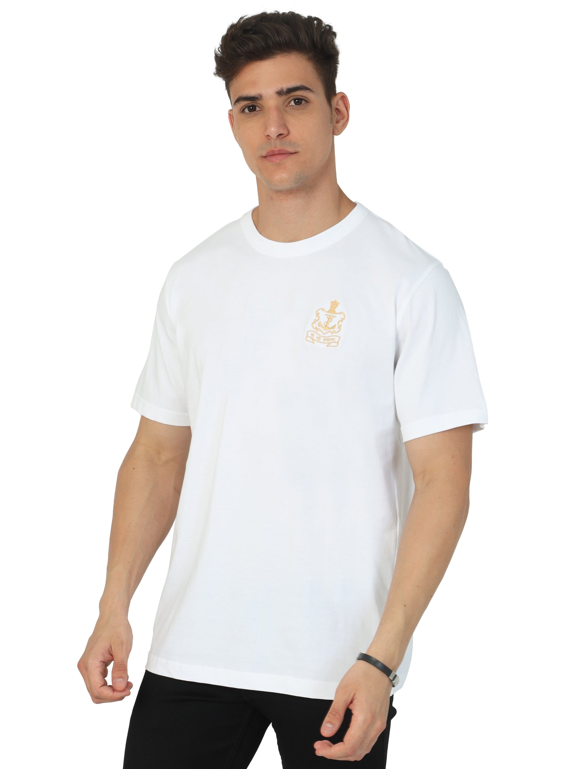 Round Neck White Indian Navy T Shirt for men